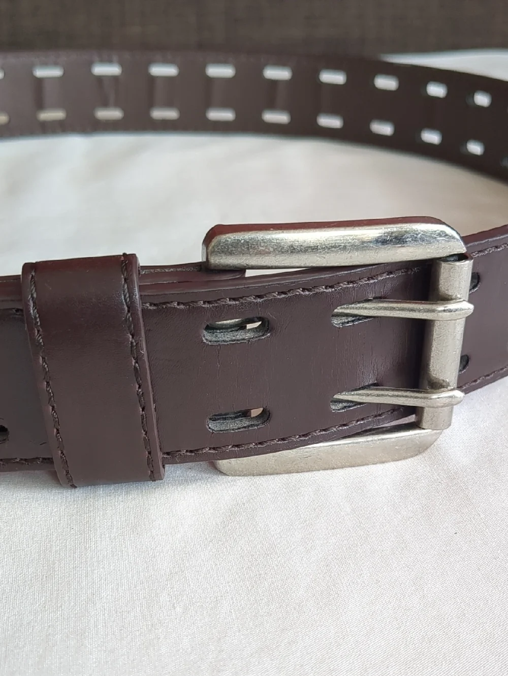 Belt Brown Leather Stitched Double-Row Perforation/Prong Metal Buckle OS Unisex